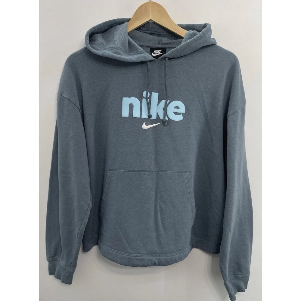 Nike Varsity Fleece Hoodie Sweatshirt Logo Graphic Swoosh Oversized Gray Women L